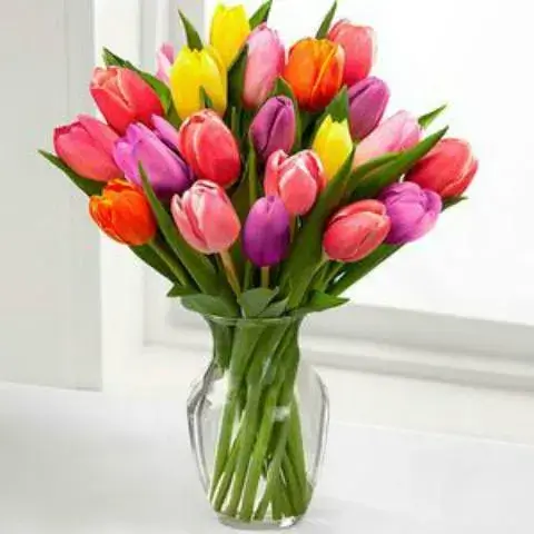 Ένα κομψό και φρέσκο μπουκέτο με τουλίπες σε διάφορα χρώματα, δεμένο με μια κορδέλα.